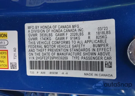 2023 Honda Civic Lx from USA, damaged, VIN 2HGFE2F29PH539269